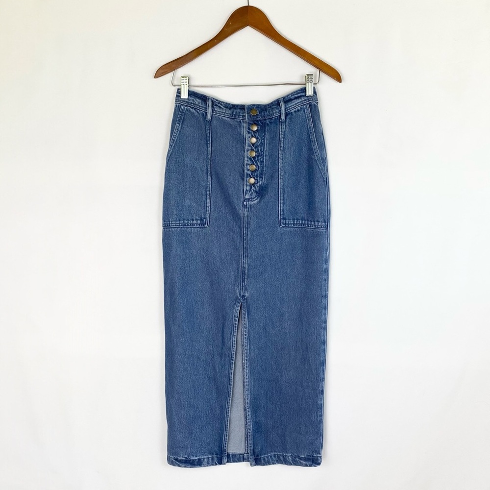 YFB Young Fabulous & Broke Midi‎ Soft Denim Slit Skirt High Rise Button Size Xs